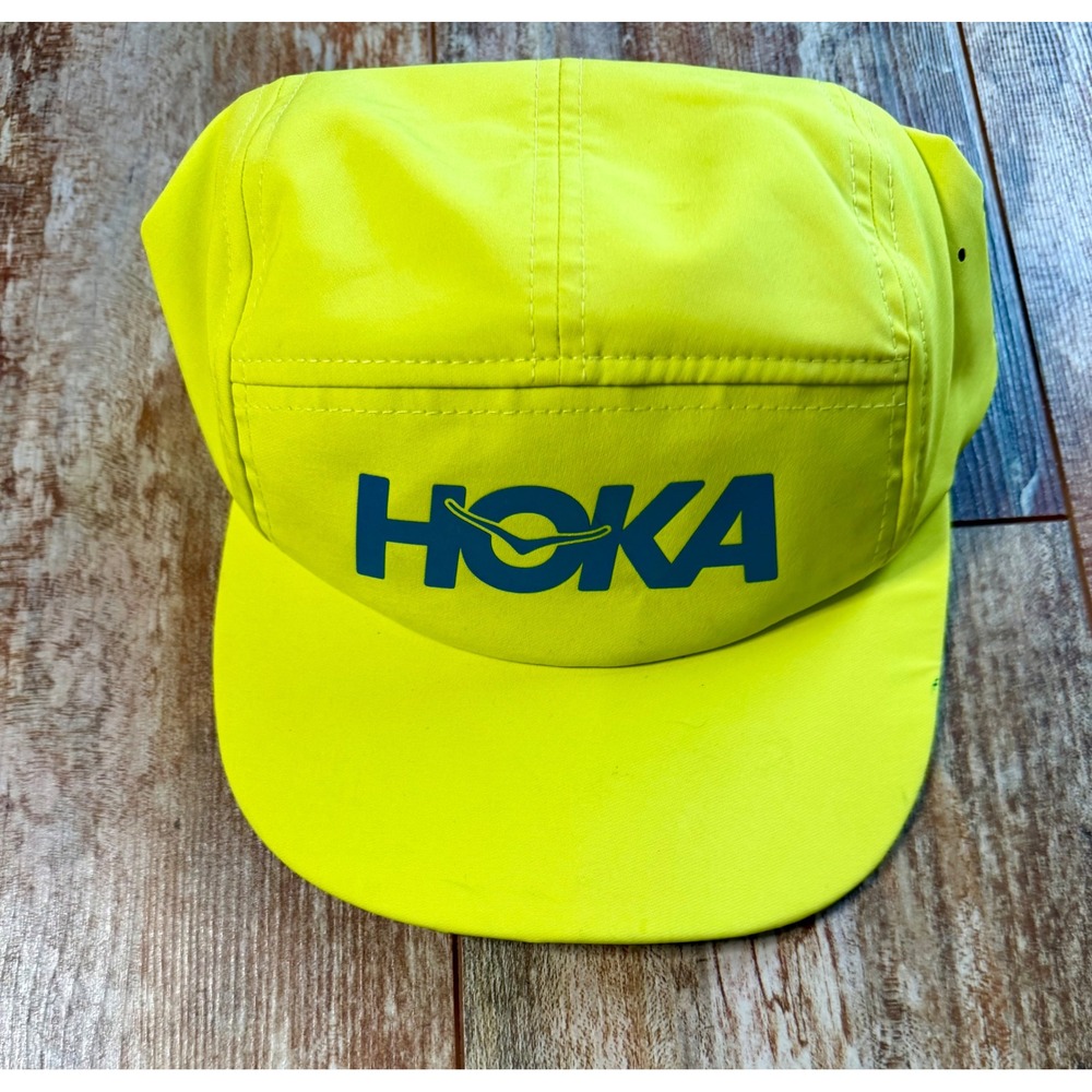 Hoka One One Running Hat Neon Yellow 5 Panel Adjustable Bungee Performance Cap